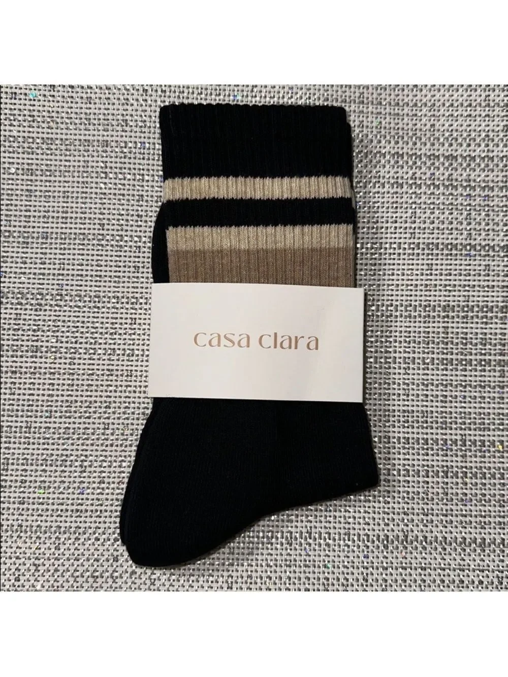 casa clara Lillian Black Taupe Ribbed Varsity Stripe Cotton Blend Crew Socks